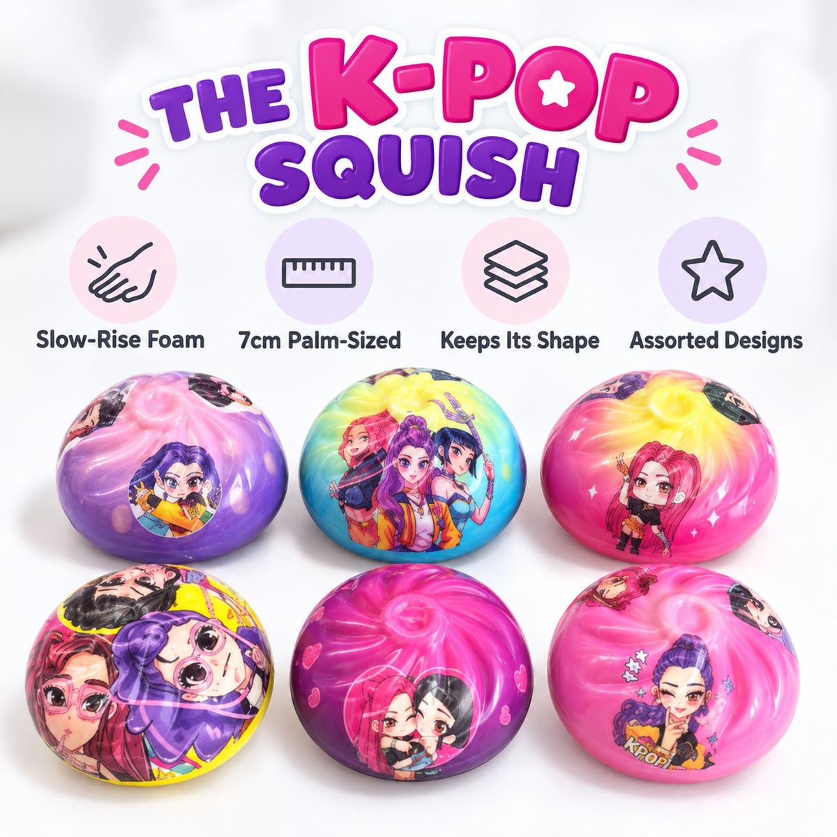K-pop squishy dumpling features: slow-rise foam, 7cm palm-sized, keeps its shape, assorted