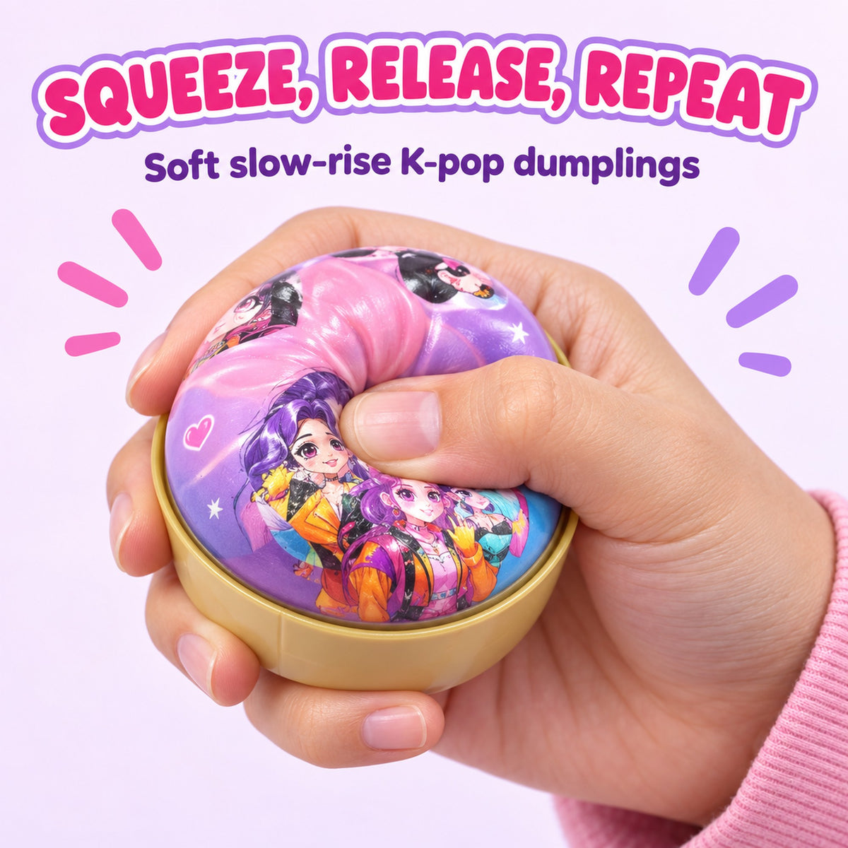Hand squeezing a K-pop character squishy dumpling showing the soft slow-rise squish