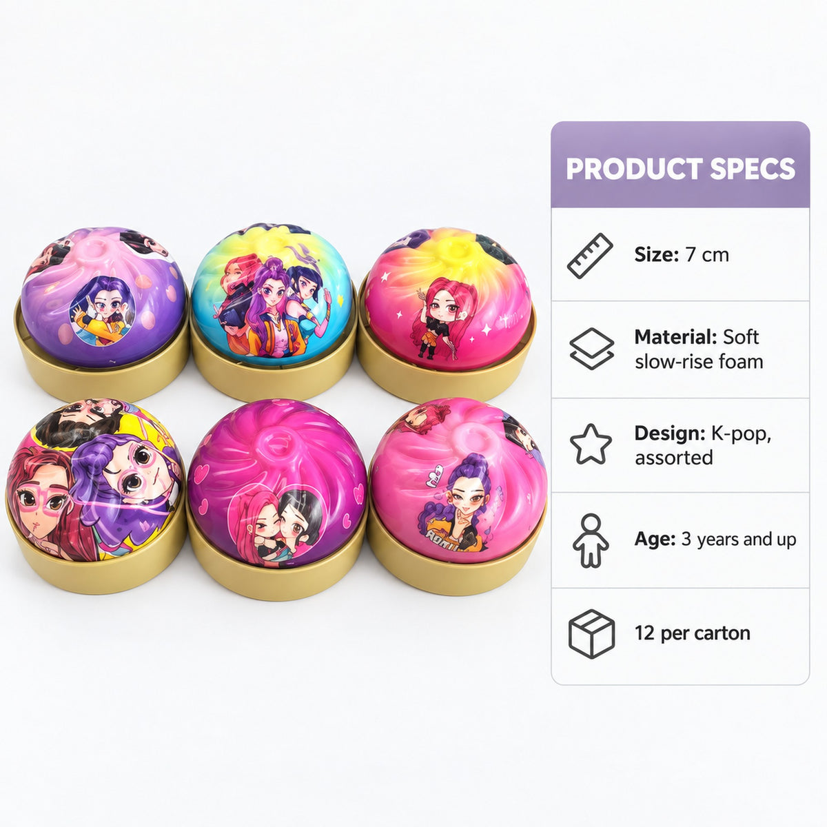 K-pop squishy dumpling specs: 7cm, slow-rise foam, assorted designs, ages 3 and up, 12 per carton