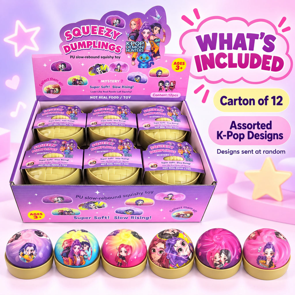 Carton of 12 assorted K-pop character squishy dumpling toys, designs sent at random