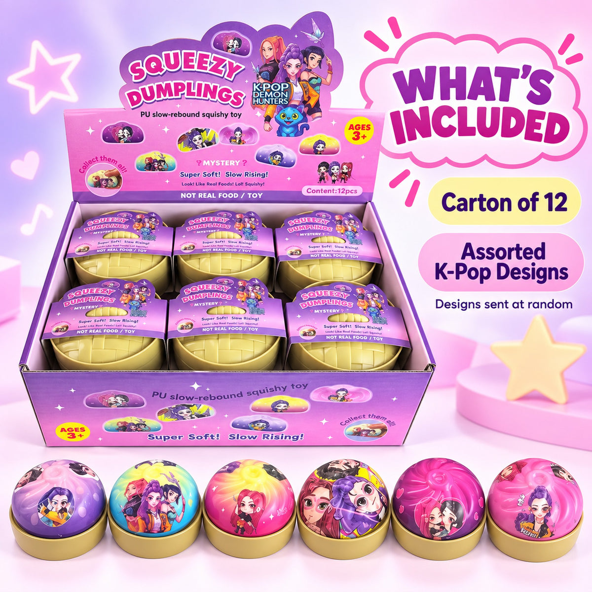 Carton of 12 assorted K-pop character squishy dumpling toys, designs sent at random