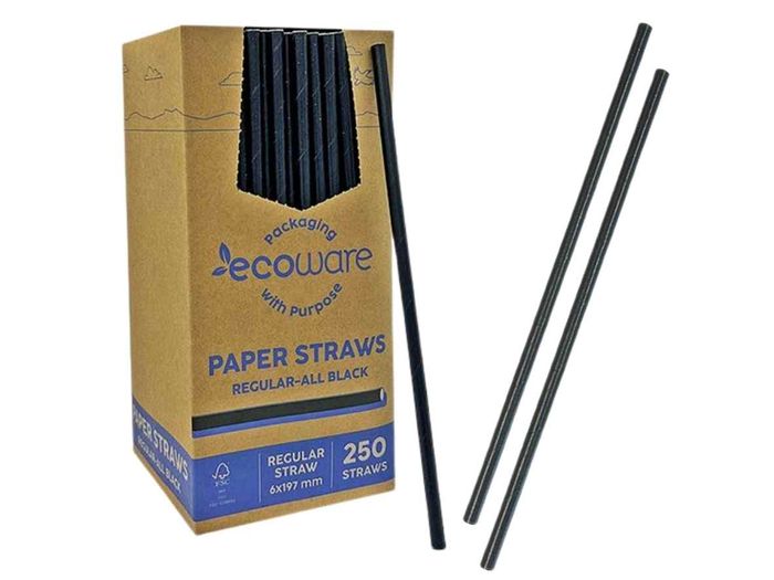 Ecoware black paper straws regular 6x197mm individually wrapped for café bar and restaurant use