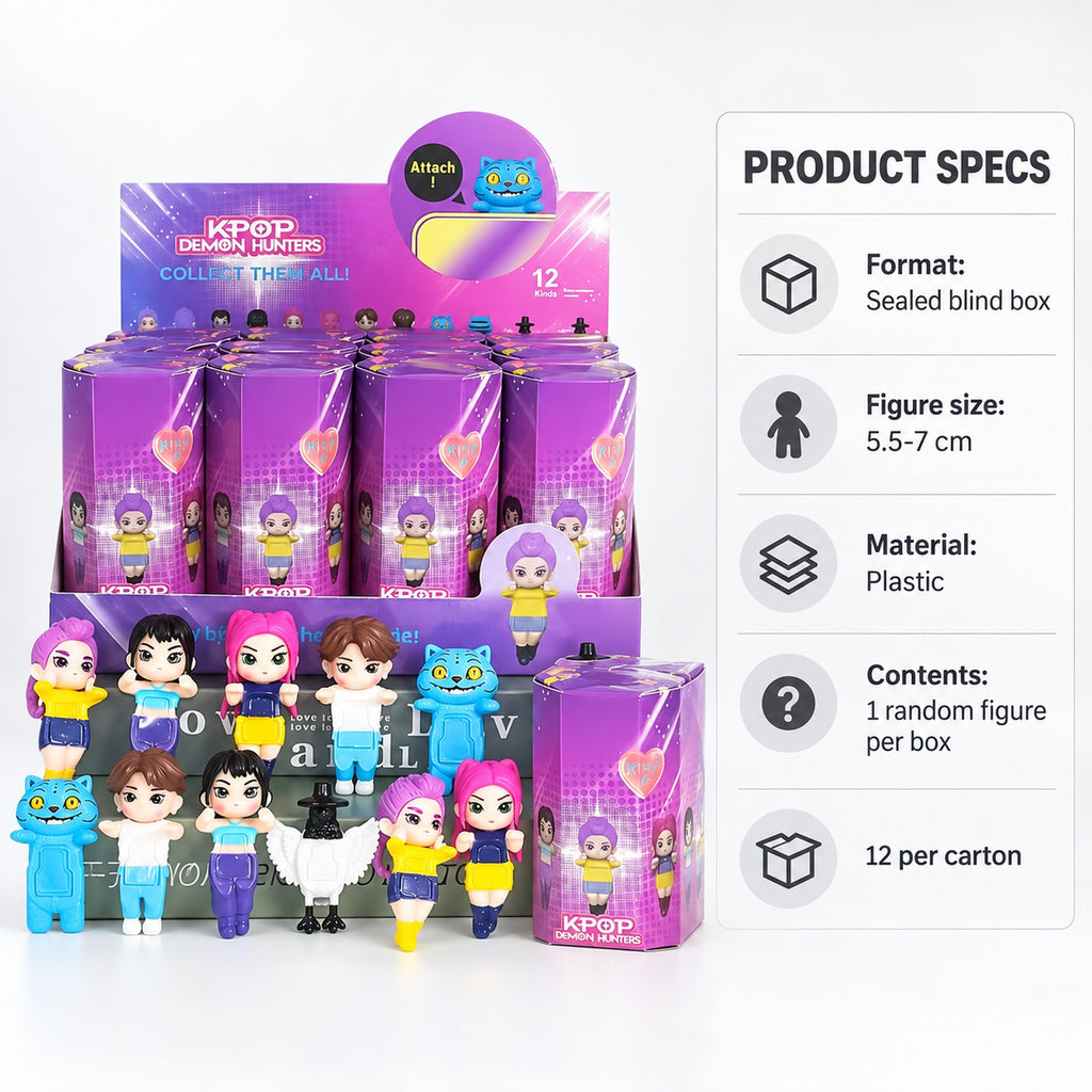 Blind box specs: sealed, 5.5-7cm plastic figure, 1 random figure per box, 12 per carton