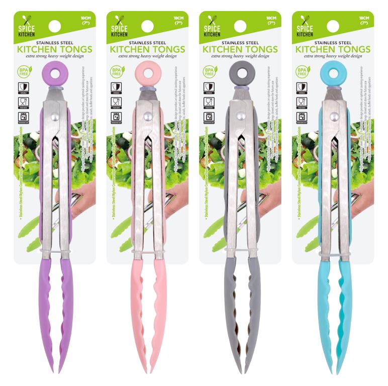 Nylon Tipped 7' Stainless Steel Kitchen Tongs - 4 Assorted Colours