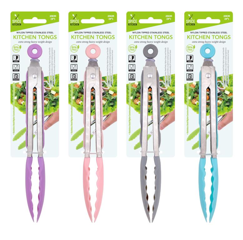Nylon Tipped 9' Stainless Steel Kitchen Tongs-Multi-Coloured Series