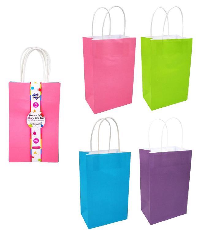4PK Craft DIY Coloured Gift Bags - 22CM x 13.5CM x 8.5CM