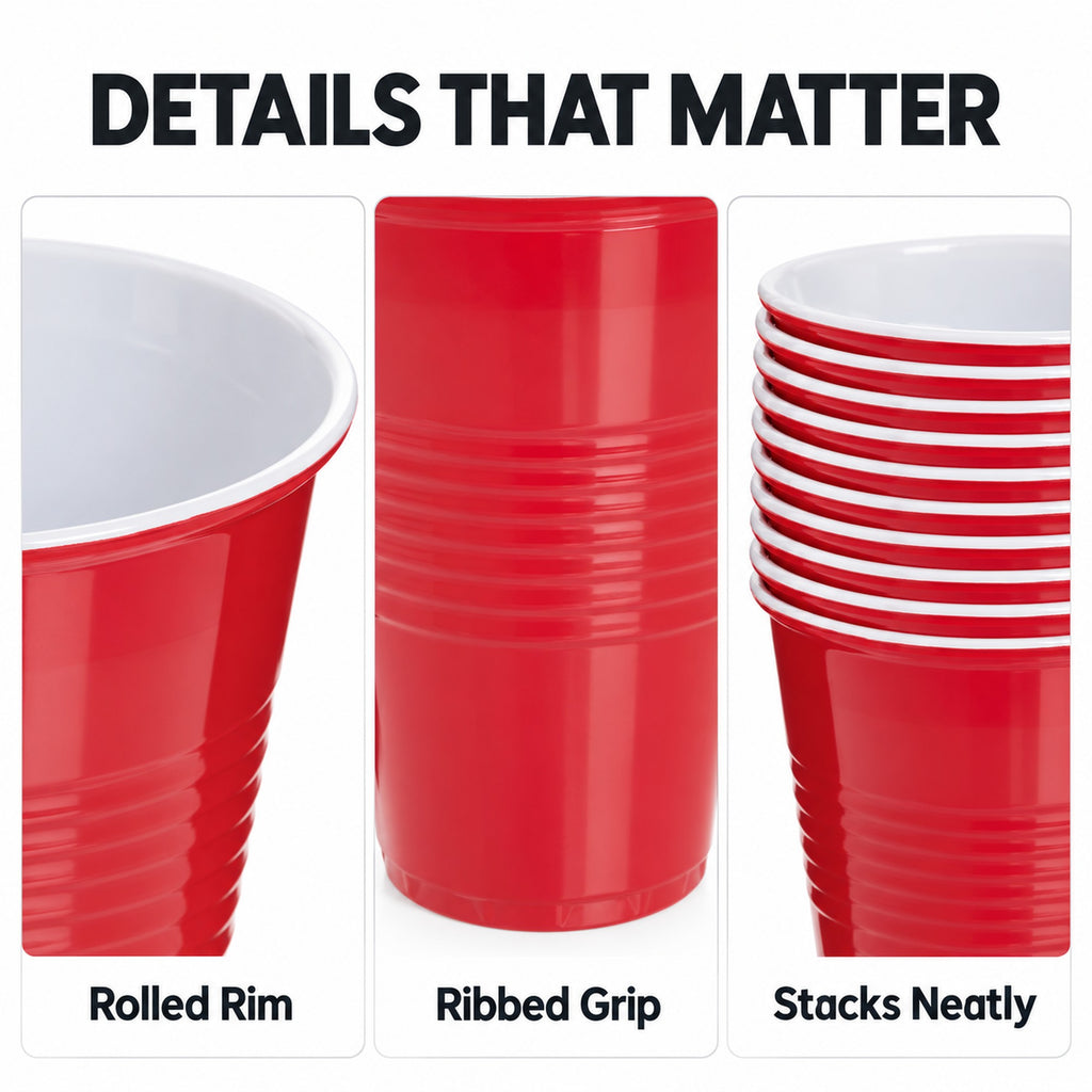 Red cups detail: rolled rim, ribbed grip, stacks neatly