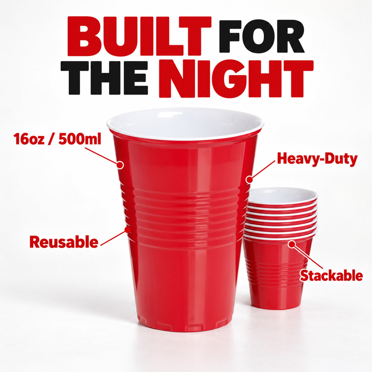 Red cups - 16oz 500ml, heavy-duty reusable, stackable plastic
