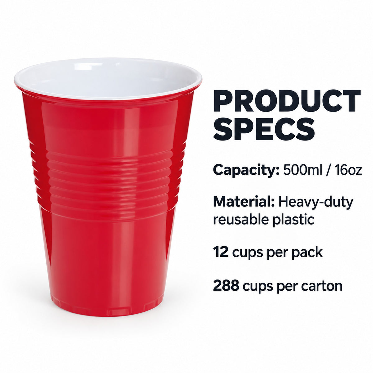 Red cups specs: 500ml 16oz, heavy-duty reusable plastic, 12 per pack, 288 per carton