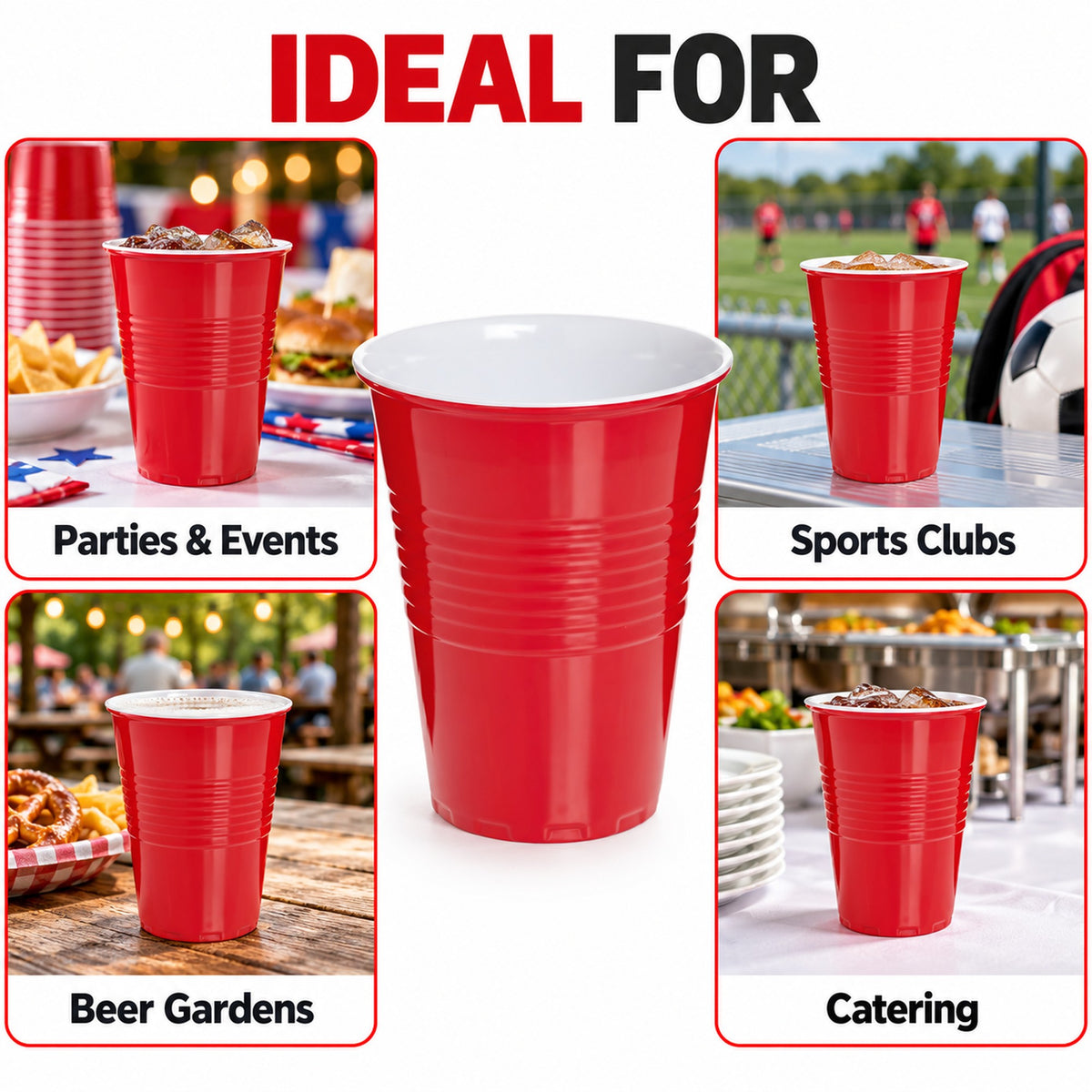 Red cups for parties, sports clubs, beer gardens and catering