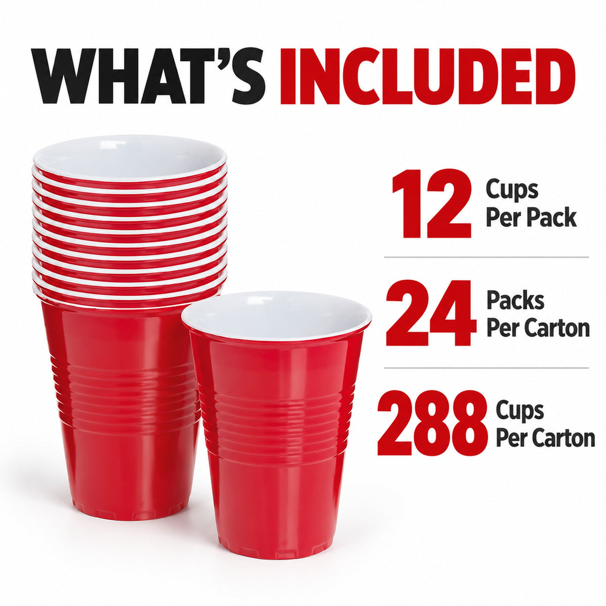 Red cups: 12 per pack, 24 packs, 288 cups per carton