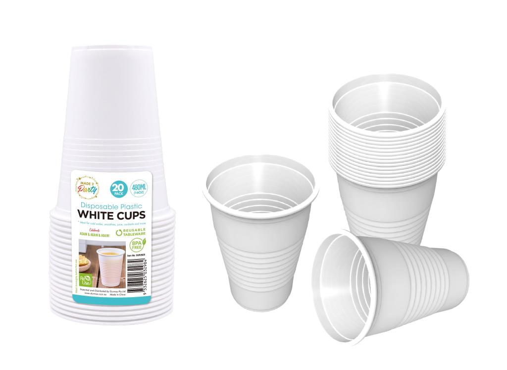White USA style disposable plastic party cups 16oz 500ml pack of 20, heavy-duty reusable cups for events and hospitality