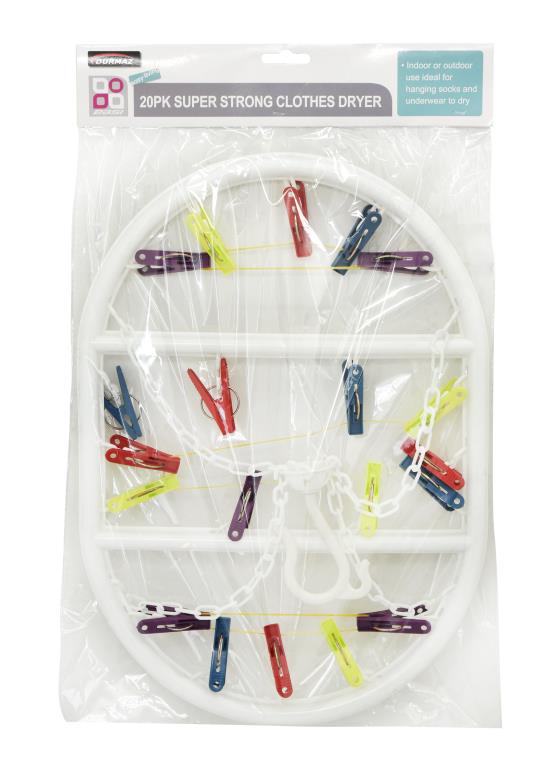 20 peg jumbo sock dryer 43x30cm with multi-colour pegs, folding laundry accessory for home and retail display