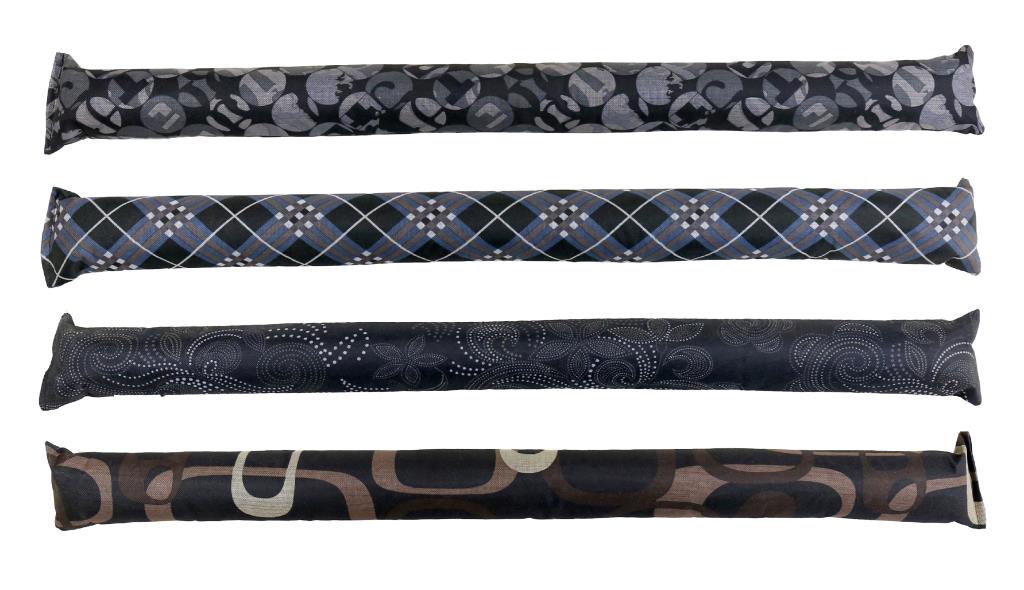 Patterned fabric door draft stopper 82cm x 7cm in four assorted fabric styles, rock and sawdust filled draft excluder