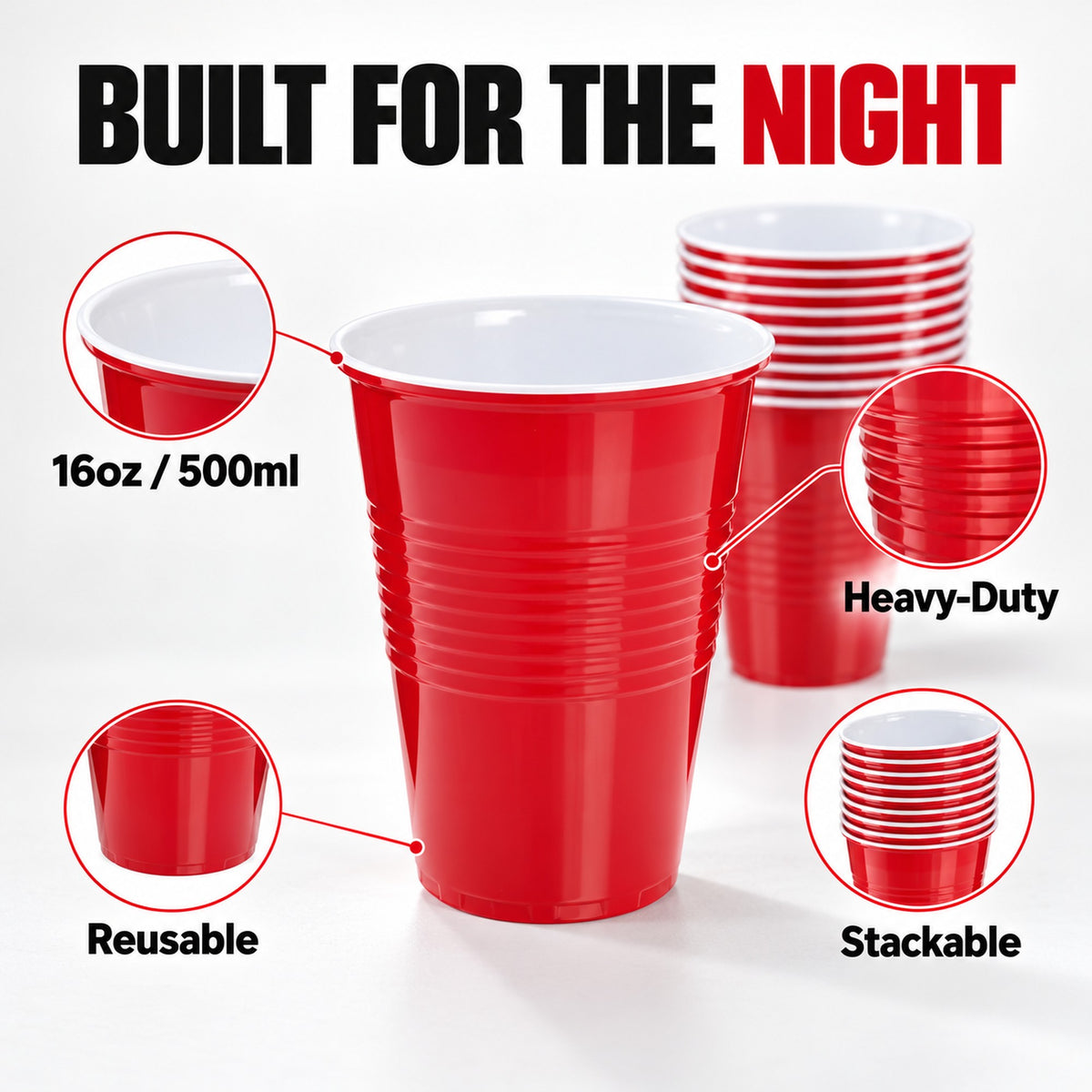 Red party cups - 16oz 500ml, heavy-duty reusable, stackable plastic