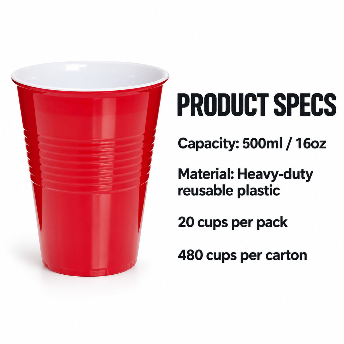 Red party cups specs: 500ml 16oz, heavy-duty reusable, 20 per pack, 480 per carton