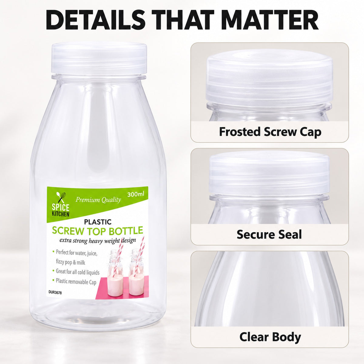Plastic milk bottle detail: frosted screw cap, secure seal, clear body
