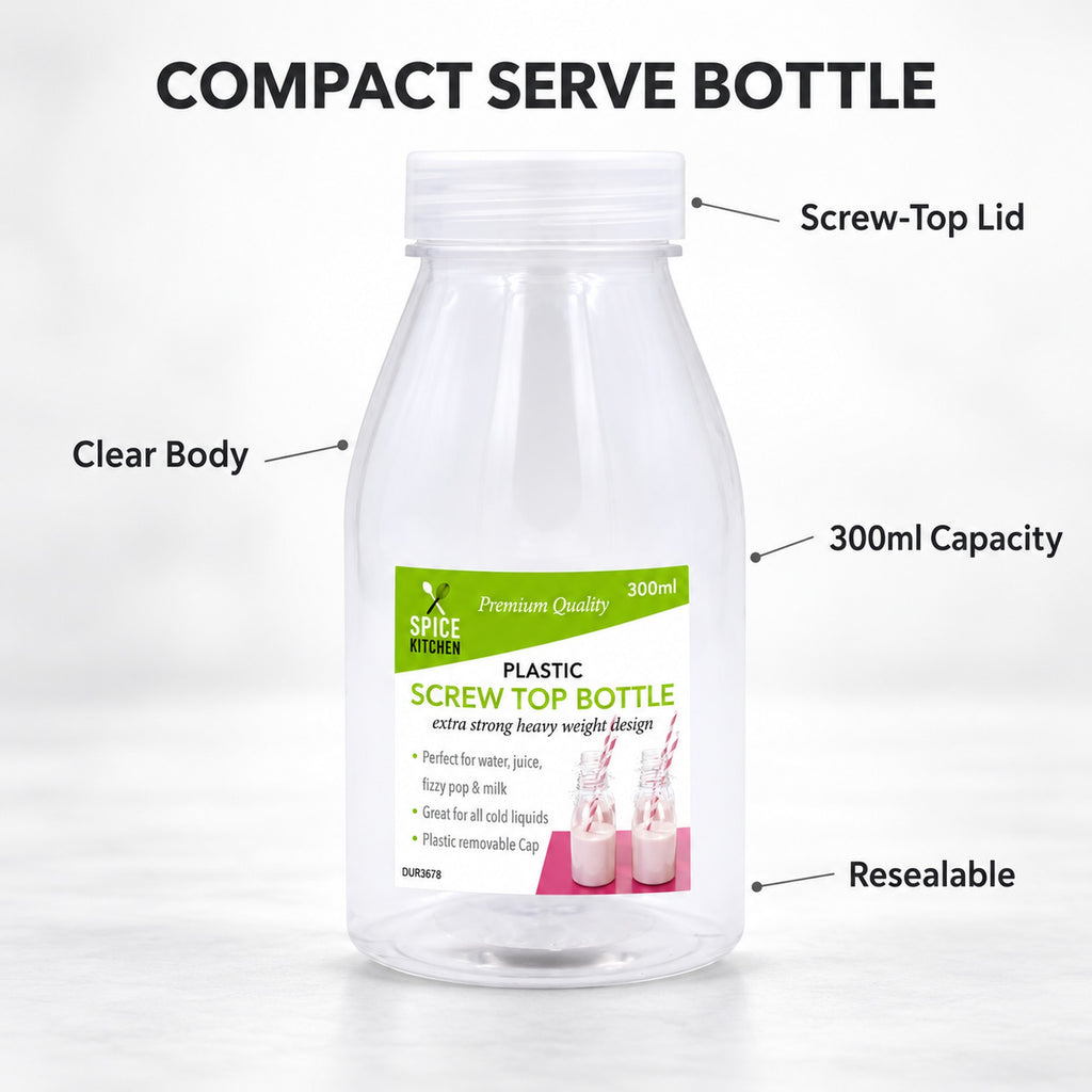 Plastic milk bottles - 300ml, clear body, screw-top lid, resealable