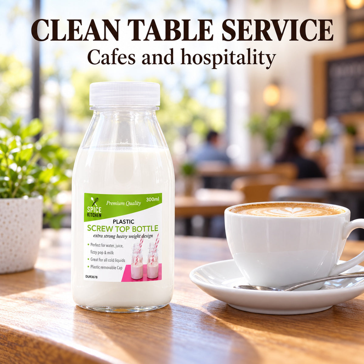 Clear plastic milk bottle in a cafe table milk service setting