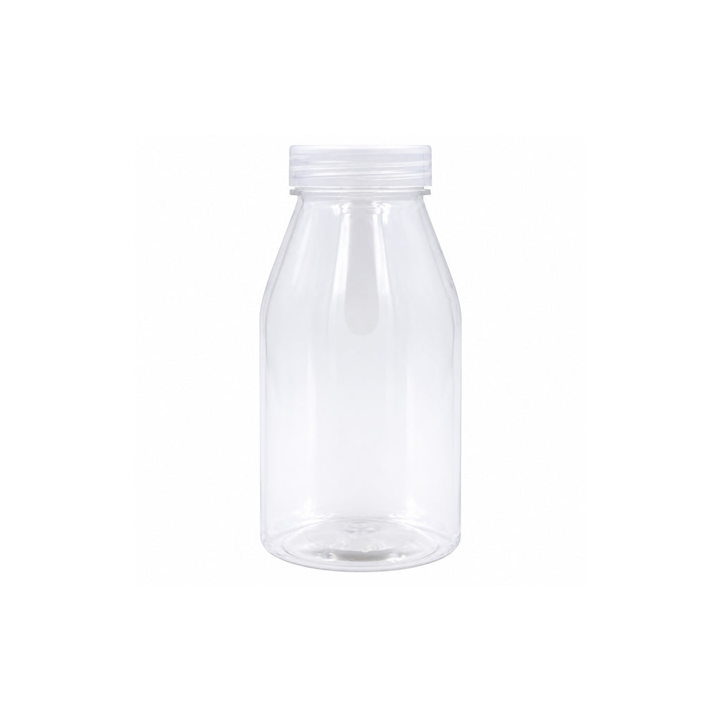 Plastic milk bottles, clear 300ml bottle with screw-top lid on a white background