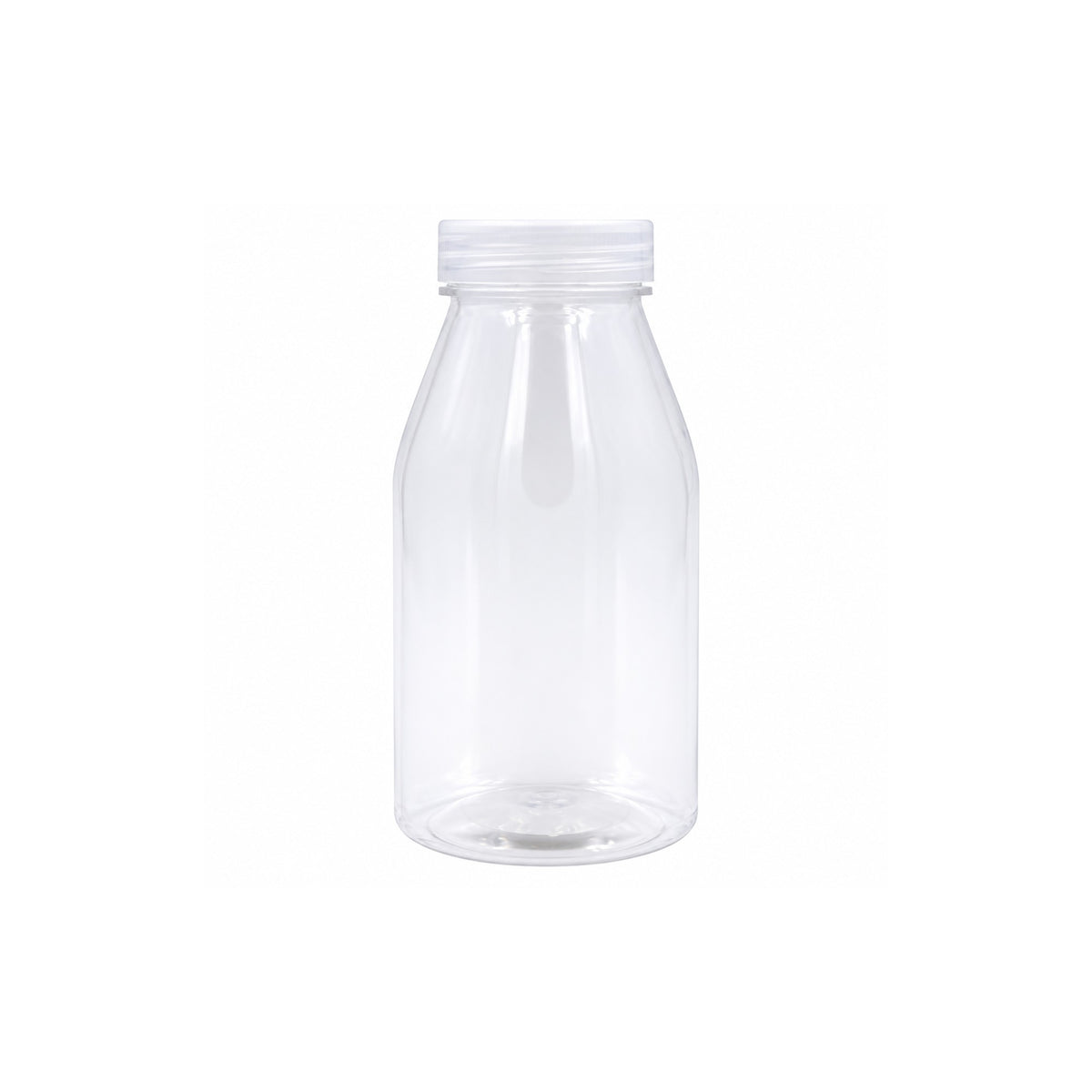 Plastic milk bottles, clear 300ml bottle with screw-top lid on a white background