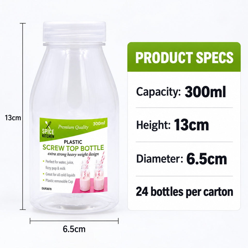 Plastic milk bottles specs: 300ml, 13cm high, 6.5cm diameter, 24 per carton