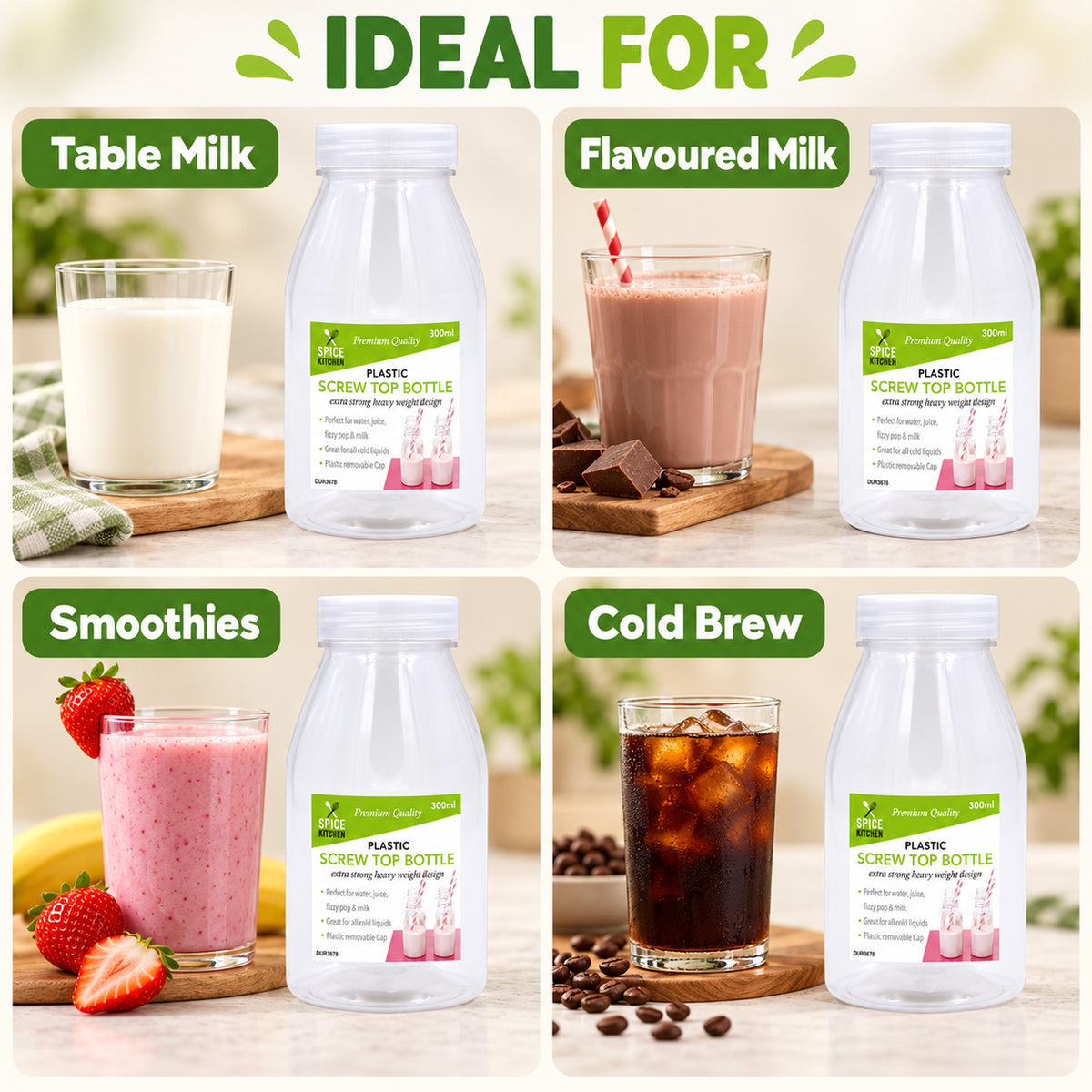 Plastic milk bottles for table milk, flavoured milk, smoothies and cold brew