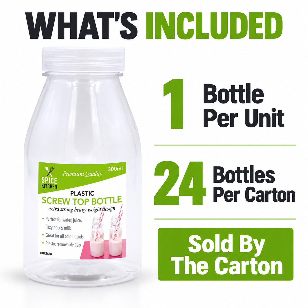 Plastic milk bottles: 1 per unit, 24 bottles per carton, sold by the carton