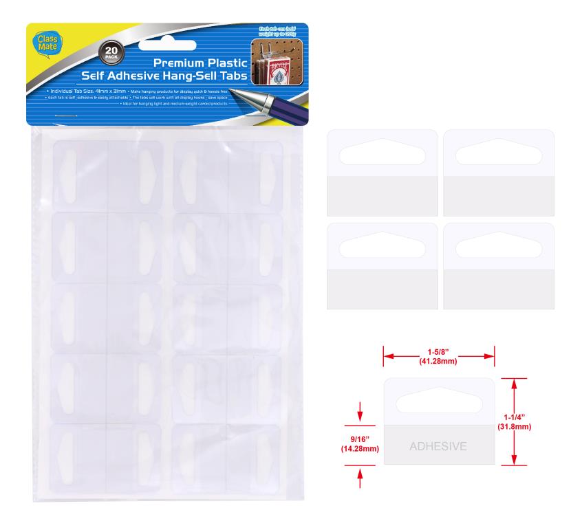 Clear self-adhesive plastic hangsell tabs 4x3cm on retail display hooks, pack of 20 tabs