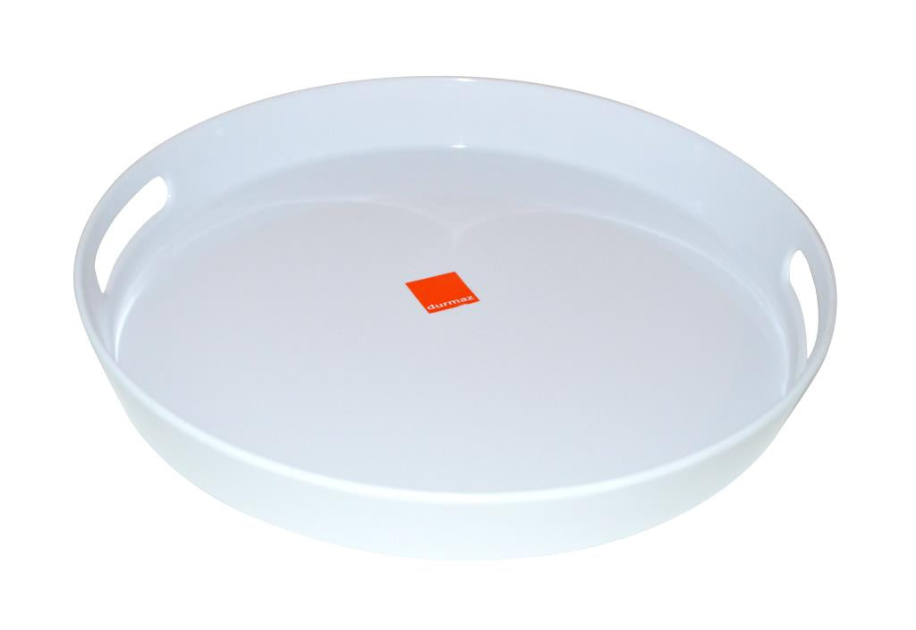 Large round white glossy melamine serving platter 37.5cm diameter, 5cm deep, for catering and restaurant use
