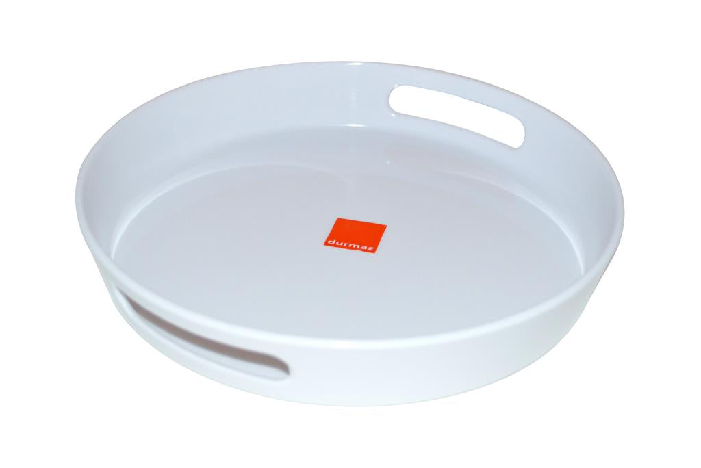 Round white glossy melamine serving platter 29.5cm diameter, 5cm deep, for restaurant and catering use