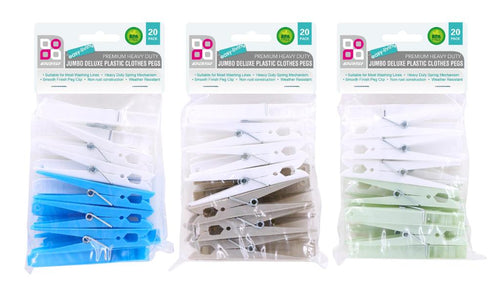 20-pack jumbo deluxe plastic clothes pegs in assorted colours, 9.8cm length, carton of 24 packs - DPack wholesale