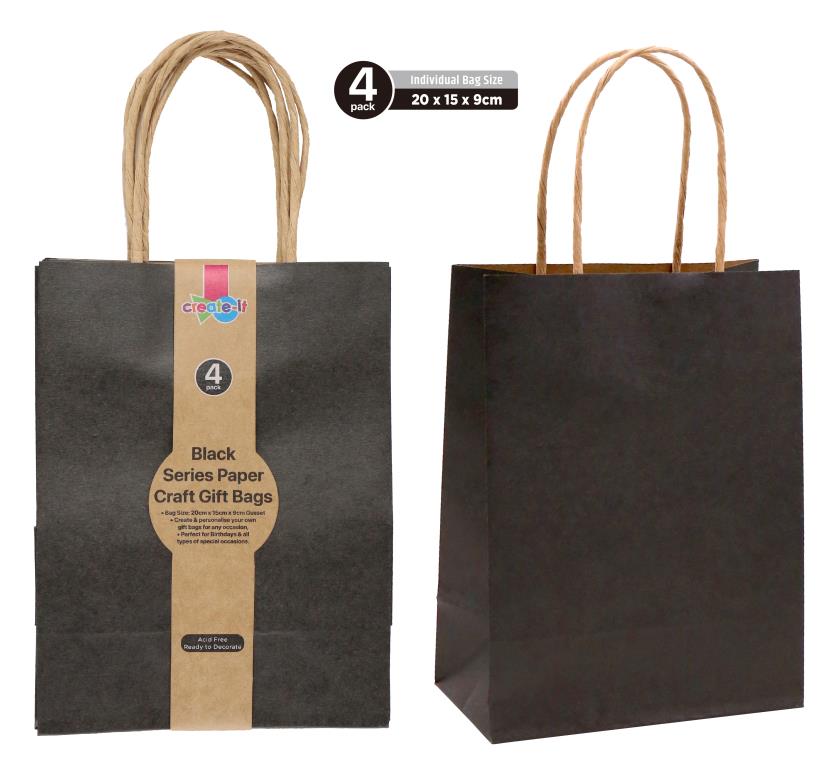 Craft DIY Gift Bags (Black Series) - 20CM x 15CM x 9CM -4PK