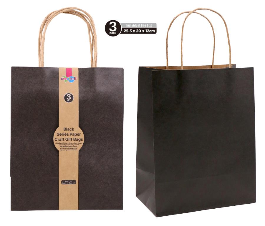 Craft DIY Gift Bags (Black Series) - 25.5CM x 20CM x 12CM -3PK