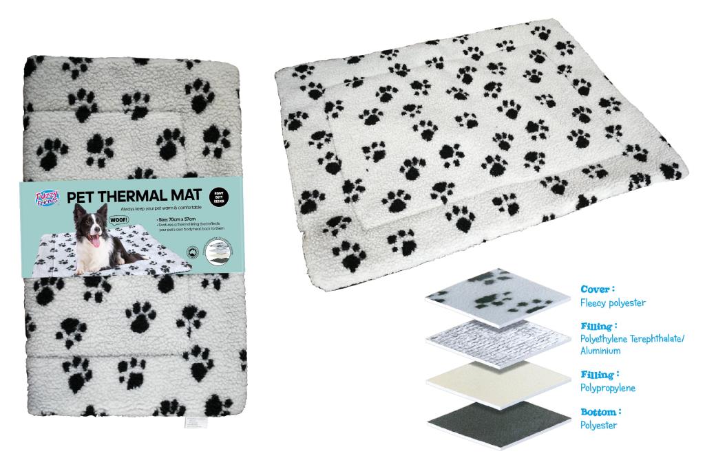 Grey paw print plush pet thermal mat, 72 cm x 57 cm x 3 cm thick, suitable for all dog breeds