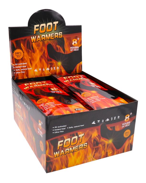 Adhesive foot warmers 1 pair pack in display box, 8+ hour heat, side view showing packaging