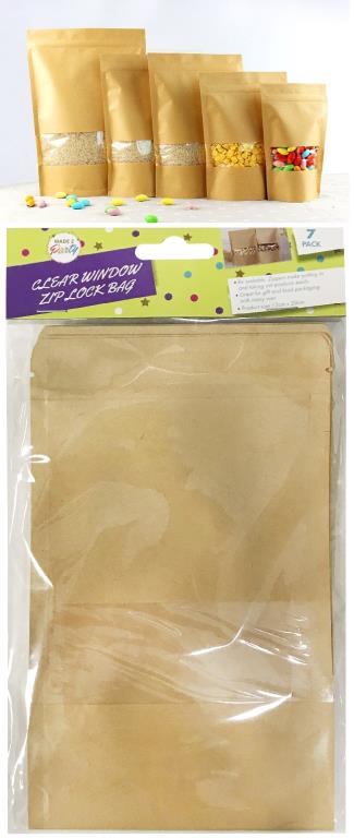 7PK Zip Lock Brown BagsW/ Clear Window -20CM x 12CM