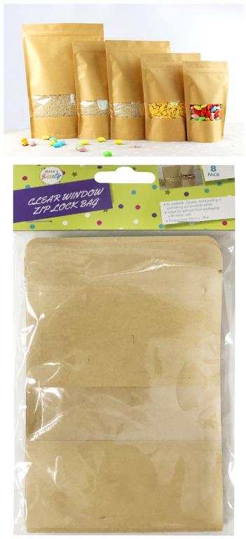 8PK Zip Lock Brown BagsW/ Clear Window-15CM x 10CM