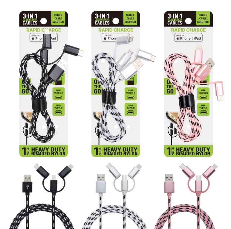 Premium Quick Charge Cable Nylon Braided Cable-3 IN 1 Cable