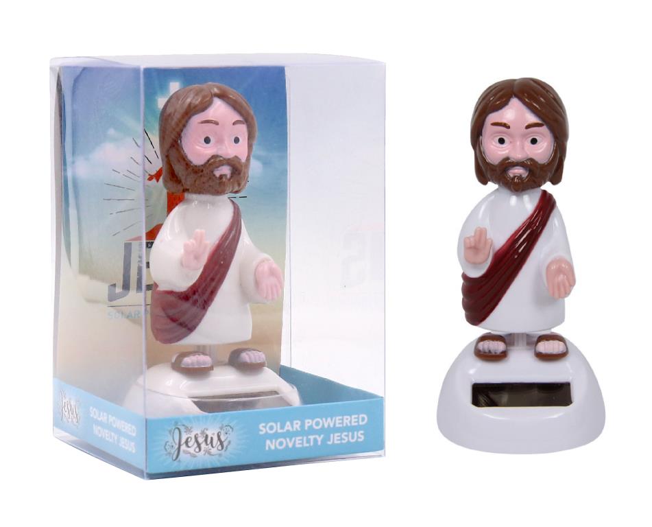 Solar powered novelty Jesus bobbing figurine with biblical decal, 10cm desk toy for gift shops and retail display