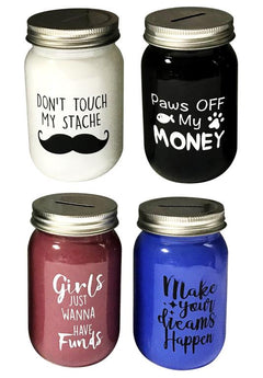 Novelty Glass Money Jar W/ 4 Assorted Sayings