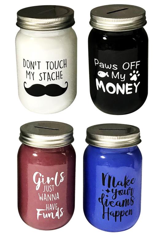 Novelty Glass Money Jar W/ 4 Assorted Sayings