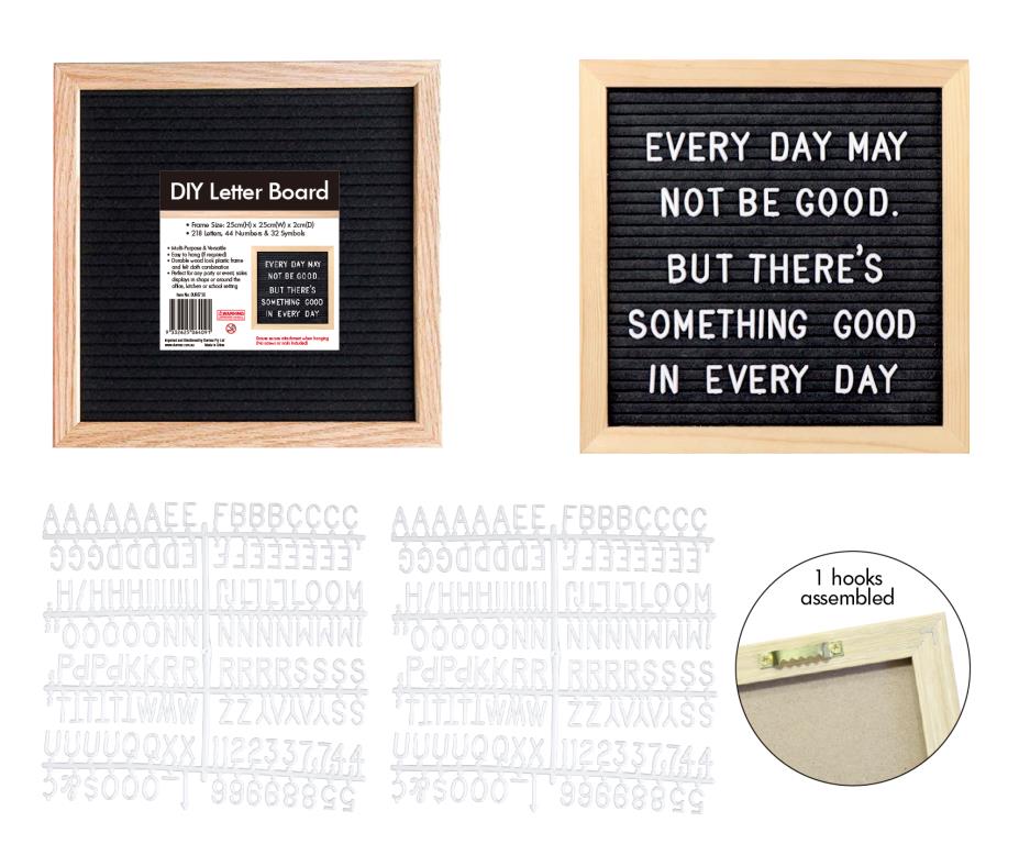 25x25cm felt letter board kit with wood-look frame and black backing, 340-piece character set for cafe or retail signage