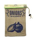 Jute onion bag with blue Onions Fresh Produce print and natural drawstring, 31x22cm, for kitchen onion storage