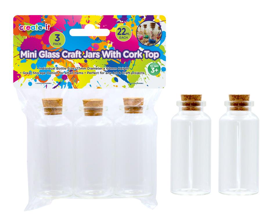 3PK Mini Glass Craft Jars W/Cork Top-22ML-60MM X 27MM (D)