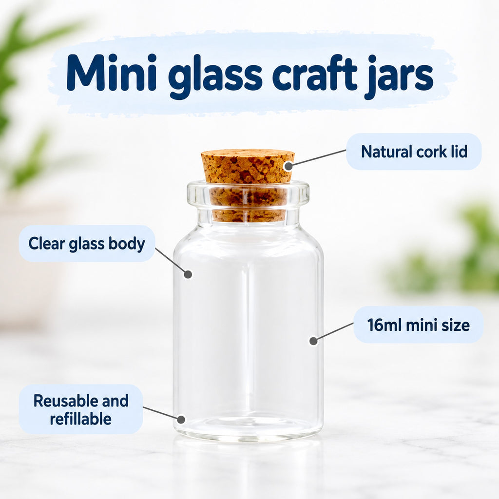 Mini glass craft jar features: clear glass body, natural cork lid and 16ml reusable size