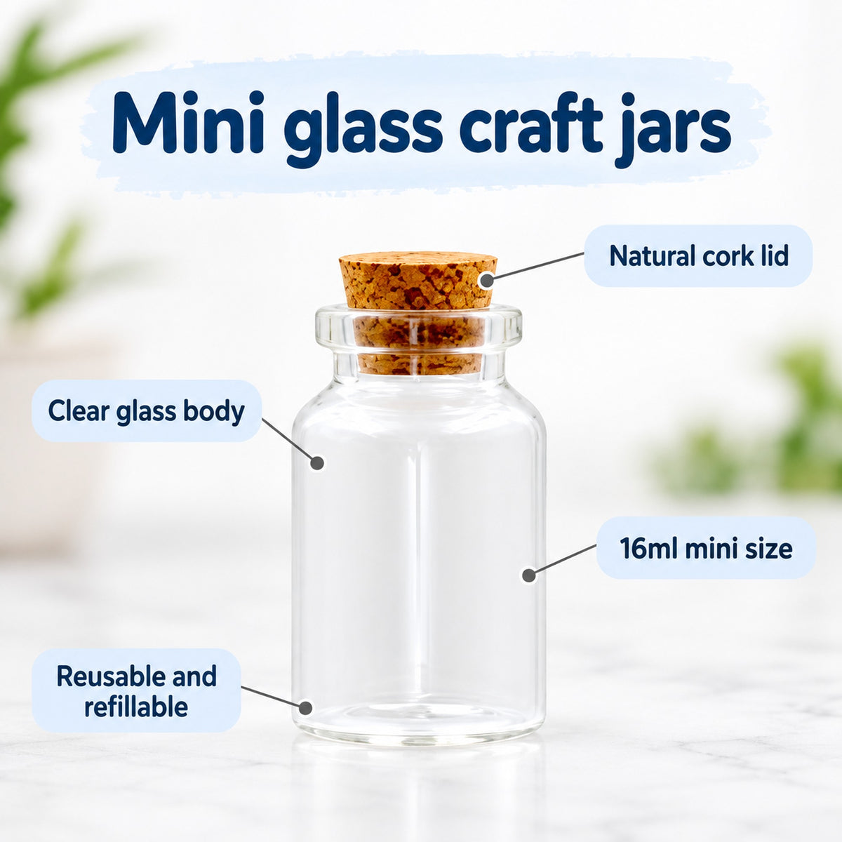 Mini glass craft jar features: clear glass body, natural cork lid and 16ml reusable size