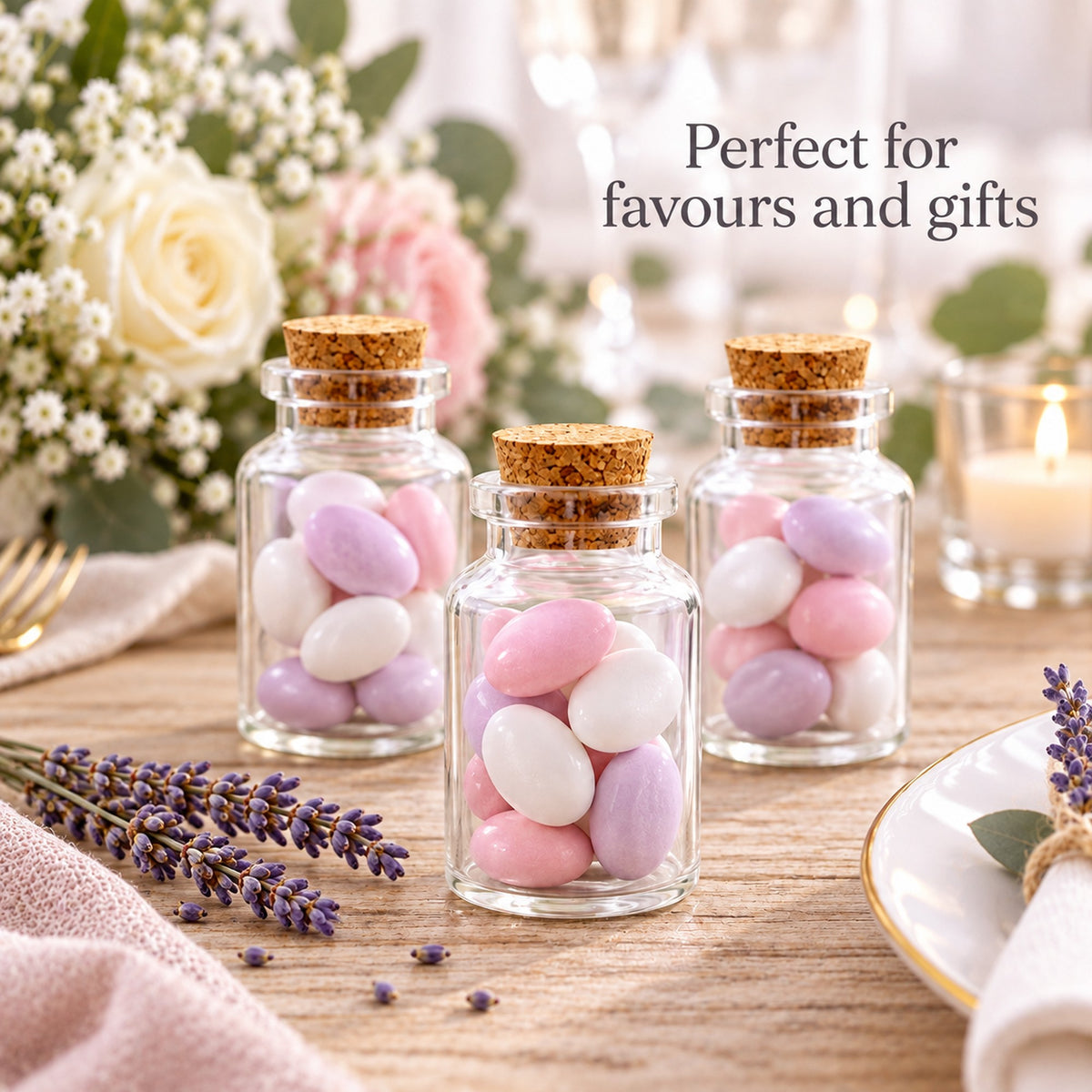 Mini glass craft jars with cork lids used as pastel wedding and party favours on a table