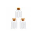 Three 16ml clear glass mini craft jars with natural cork lids on a white background