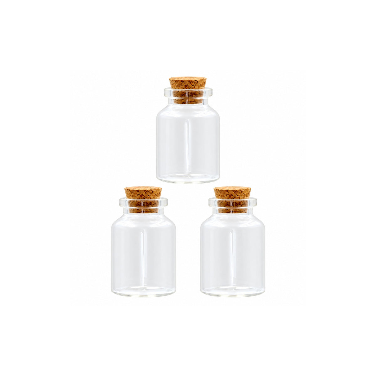Three 16ml clear glass mini craft jars with natural cork lids on a white background
